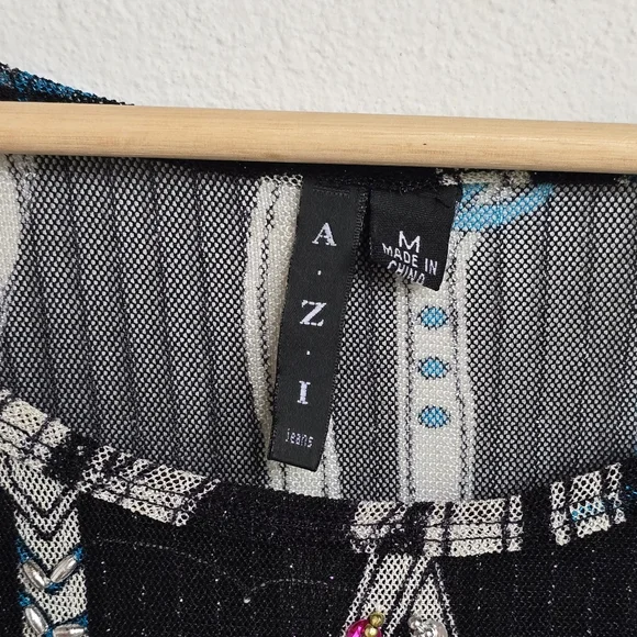 AZI Jeans Sheer Mesh Belt Print Beaded Y2K Top Size M - Picture 7 of 16